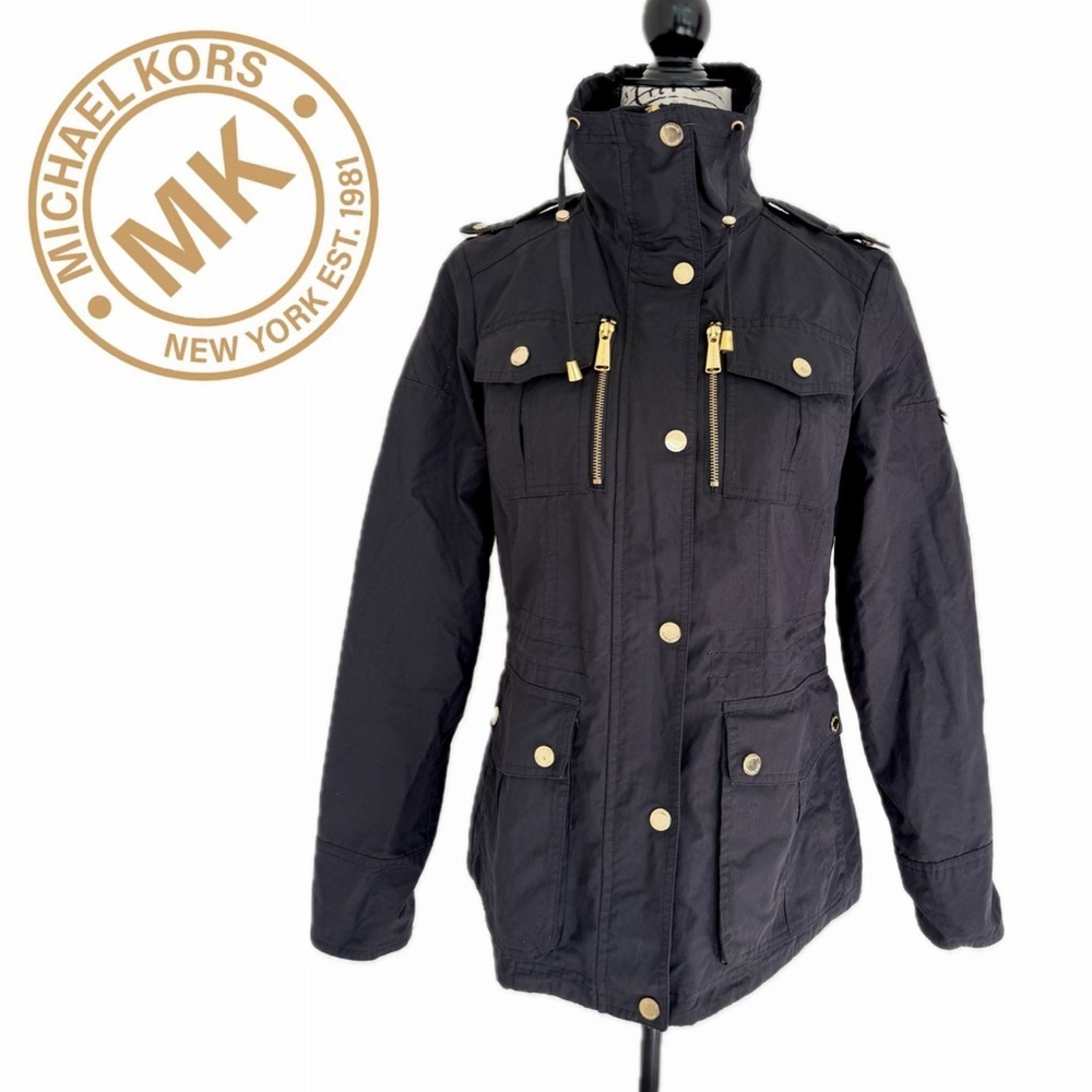 Michael Kors Military Jacket Utility  with Gold Accents Pockets Zip Sz S Black‎